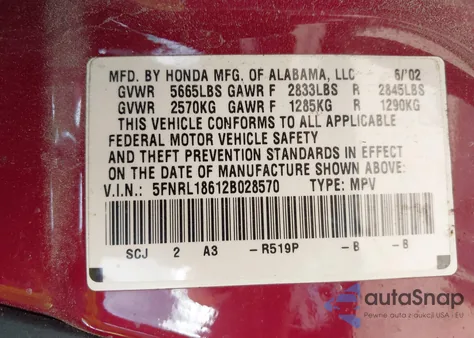2002 Honda Odyssey Ex из США, поврежденный, VIN 5FNRL18612B028570